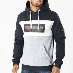 Le moins cher ✨ Sweat Capuche Golem Bleu Marine Gris Chiné de Geographical Norway ⌛