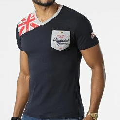 Coupon ✔️ Tee 👕 Shirt Poche Col V Jengland Bleu Marine de Geographical Norway 🔥