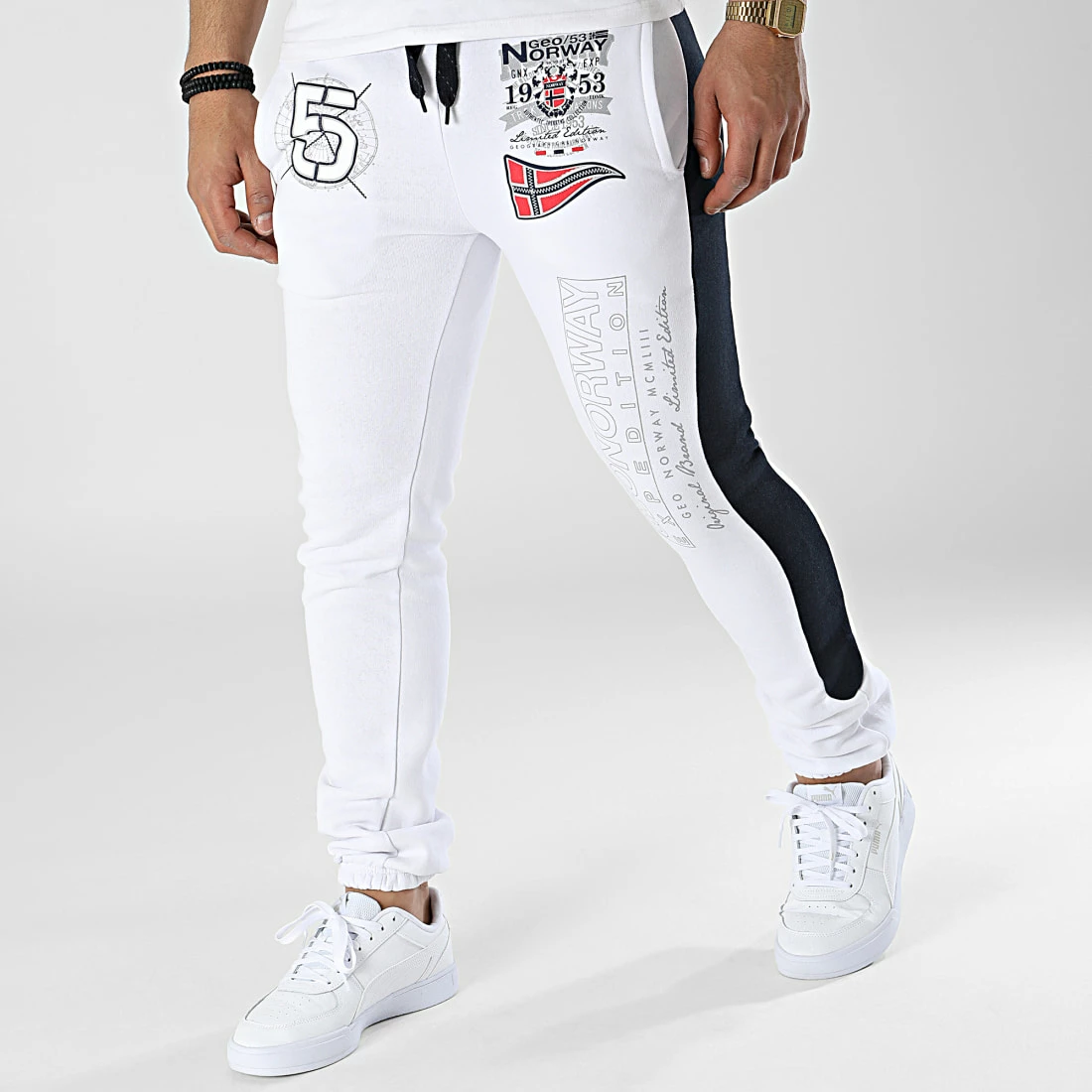 Remise 😀 Pantalon Jogging A Bandes Mantibe Blanc Bleu Marine de Geographical Norway ✨ 1 Remise 😀 Pantalon Jogging A Bandes Mantibe Blanc Bleu Marine de Geographical Norway ✨