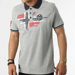 Nouveau 🎉 Polo Manches Courtes Kutta Gris Chiné de Geographical Norway 🎉