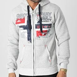 Grosses soldes 😍 Sweat Zippé Capuche Getchup Gris Chiné de Geographical Norway 🔔