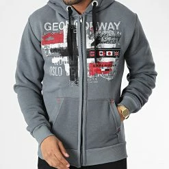 Coupon 😉 Sweat Zippé Capuche Getchup Gris Souris de Geographical Norway 🎉