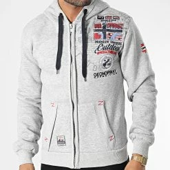 Meilleur prix ⭐ Sweat Zippé Capuche Gotham Gris Chiné de Geographical Norway ⭐